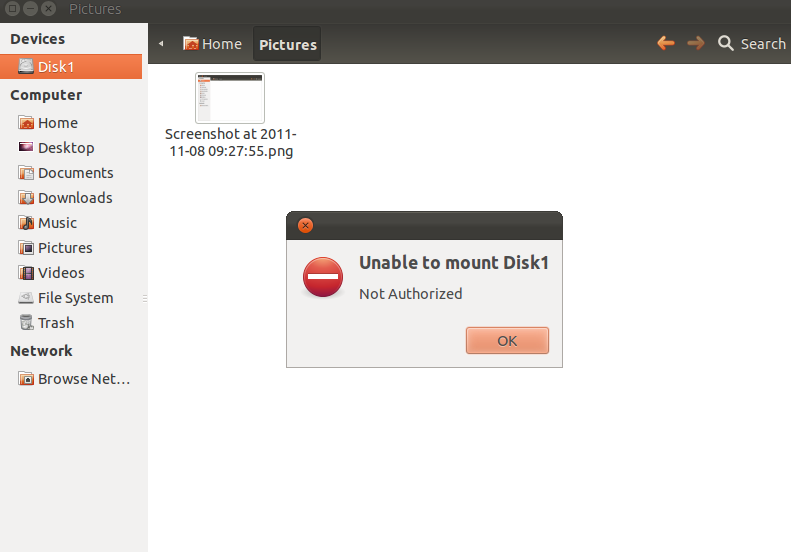 [ubuntu] unable to mount drives, not authorized