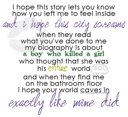 I hope this story lets you know how you left me to feel inside. And I hope this city screams when they read what you've done to me. My biography is about a boy who killed a girl who thought that she was his entire world. And when they find me on the bathroom floor, I hope your world caves in exactly like mine did.