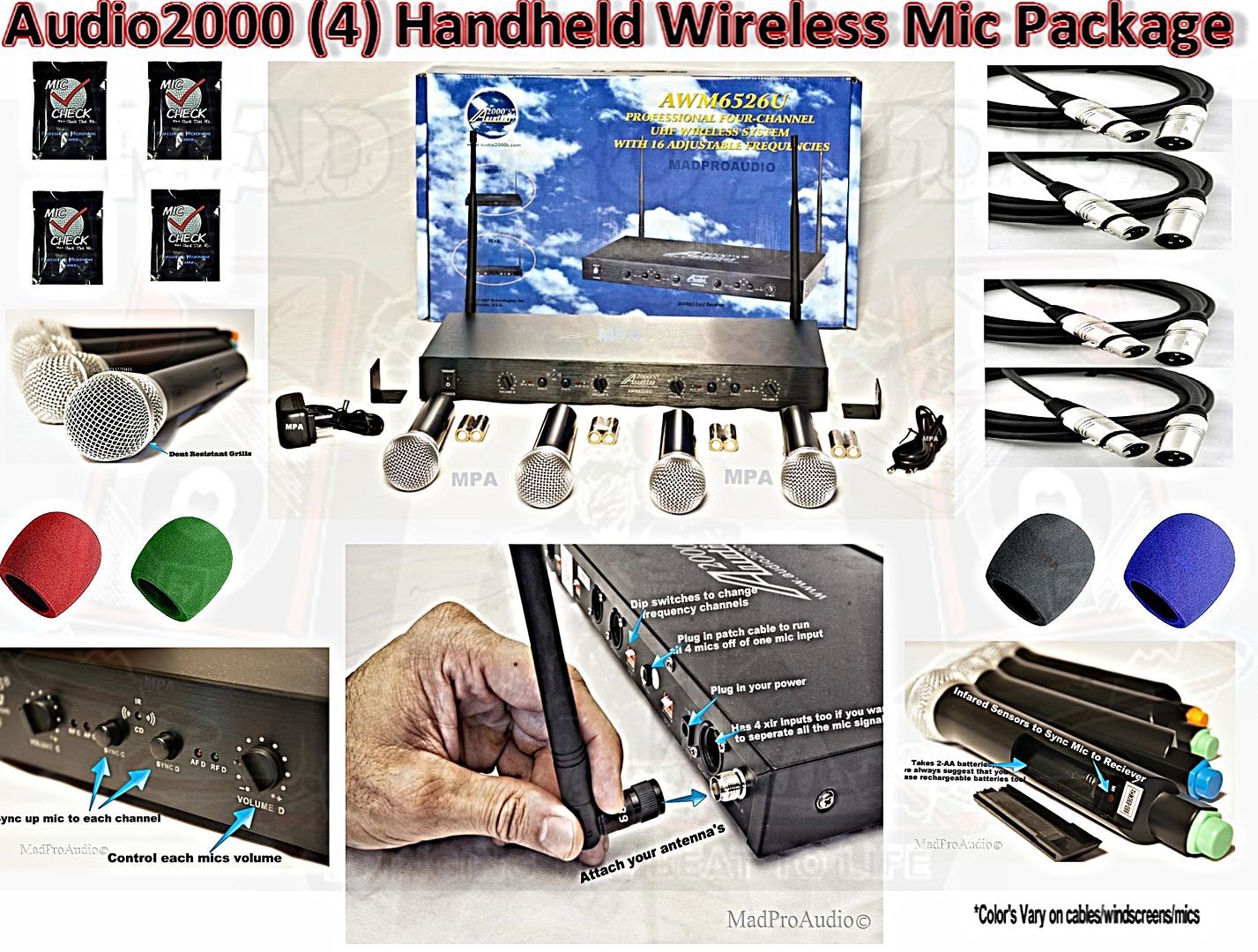 Audio2000 AWR6526u AWR-6526 4 channel Wireless Microphones, best karaoke wireless microphone set for under $300 by Madproaudio